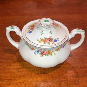 Vintage Grindley creampetal large sugar bowl, floral, double handle, ivory glaze